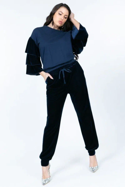 Truedames Tiered Velvet Ruffle Sleeve Pullover Crewneck Top In Blue