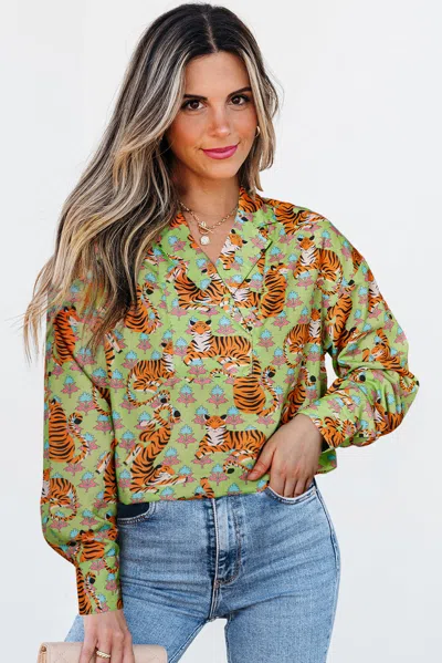 Truedames Tiger Floral Printed Colla V Neck Casual Shirt In Green