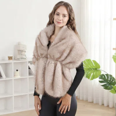 Truedames Tipped Faux Fur Shawl Shrug Wrap Poncho In Beige