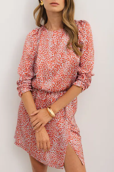 Truedames Tomato Leopard Print Long Sleeve Hollowed Back Split Mini Dress In Pink