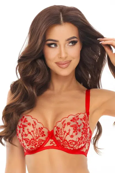 Truedames Transparent Balconette Bra With High Quality Embroidery Detail In Red