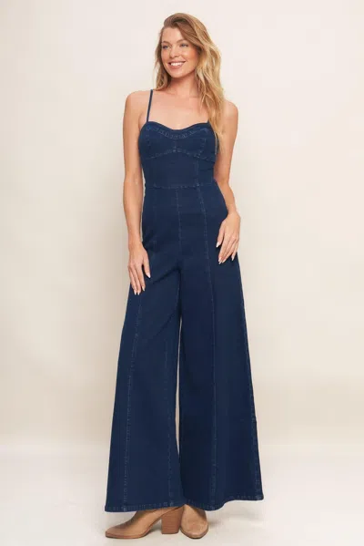 Truedames Trendsetting Medium Indigo Denim Jumpsuit In Blue