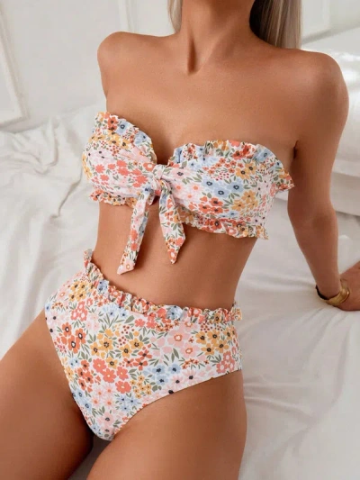 Truedames Trendy Floral Print Two Piece Swimsuit Women's Sexy Ruffled Bikini Set In Multi