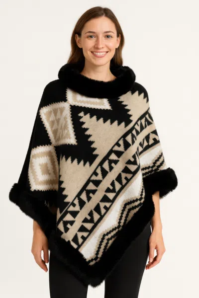 Truedames Tribal Luxe Faux Fur Trim Poncho In Beige