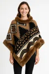 Truedames Tribal Luxe Faux Fur Trim Poncho In Brown