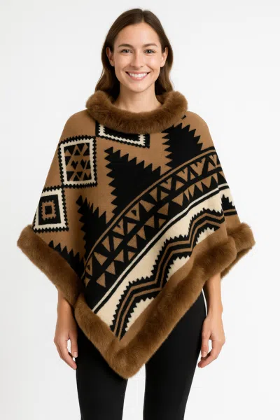 Truedames Tribal Luxe Faux Fur Trim Poncho In Brown