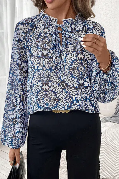Truedames Tribal Print Lace-up Frilled Neck Puff Sleeve Blouse In Multi