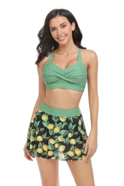 Truedames Tropical Floral Sleeveless Cross High Waisted Bikini In Green