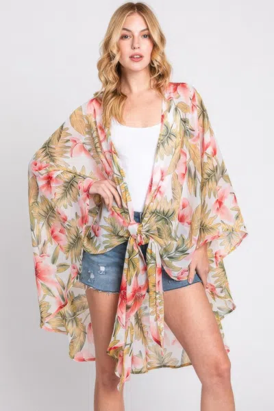 Truedames Tropical Flower Leaves Print Shawl Cover-up In Neutral