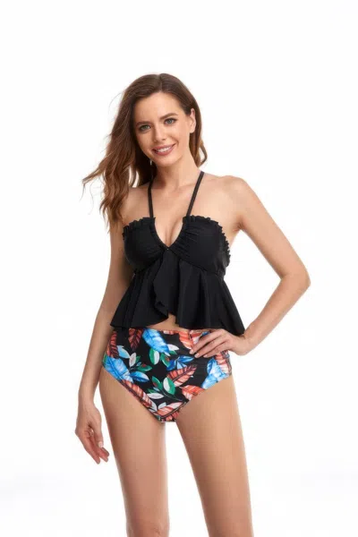 Truedames Tropical Frill Cross Halter Two Pieces Bikini Set In Black