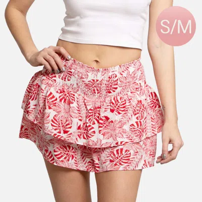Truedames Tropical Leaf Patterned Ruffle Tiered Mini Skirt S/m In Pink