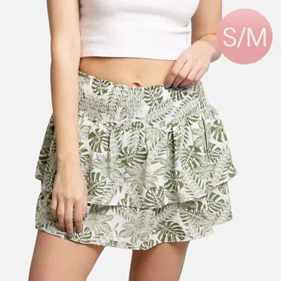 Truedames Tropical Leaf Patterned Ruffle Tiered Mini Skirt S/m In White