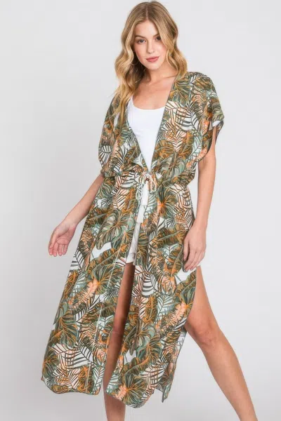 Truedames Tropical Leaves Print Self-tie Drawstring Cover Up In White