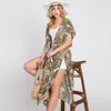 Truedames Tropical Leaves Print Self-tie Drawstring Open Front Cover Up Kimono Poncho In White
