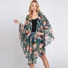 Truedames Tropical Leaves Print Shawl Cover-up Kimono Poncho In Blue