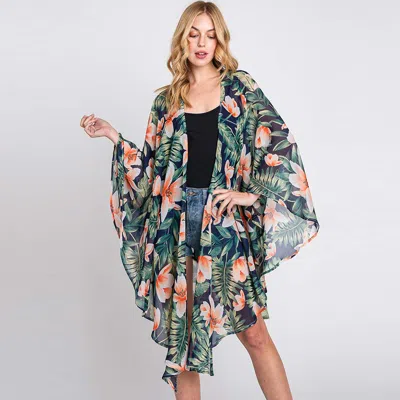 Truedames Tropical Leaves Print Shawl Cover-up Kimono Poncho In Blue