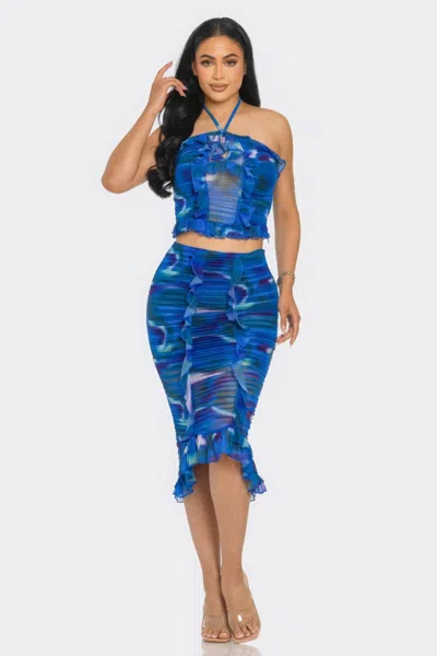 Truedames Tropical Waters Print Mesh Ruffle Halter Skirt Set In Multi