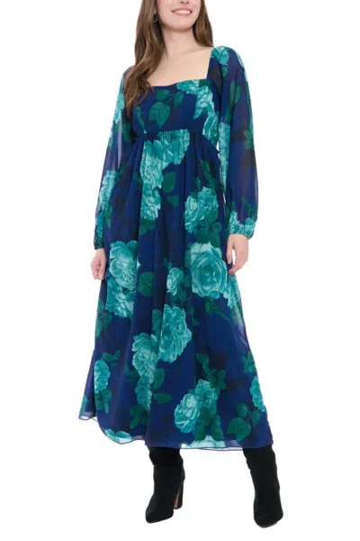 Truedames Trudie Floral Print Square Neckline Long Voluminous Puffy Sleeves Elastic Gather Cuffs Smocked Shirr In Blue