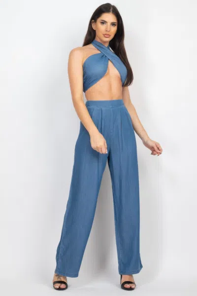 Truedames Tube Tied Top & Wide Pants Set In Blue