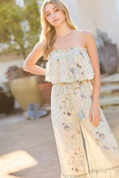 Truedames Tube Top With Tier Ruffle Waist Elastic Bottom Lace Trim Jumpsuit In Beige