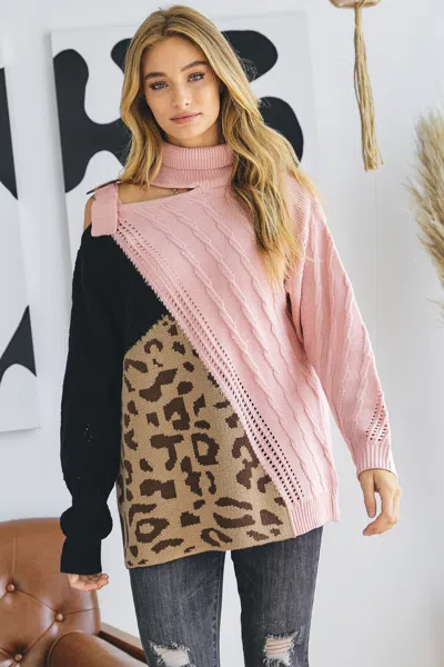Truedames Turtle Neck Color Block Cutout Sweater In Pink