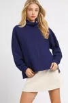 Truedames Turtle Neck Dolman Sleeve Side Slit Sweater With Contrast Detail In Blue