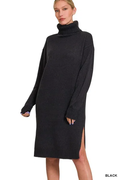 Truedames Turtle Neck Long Sleeve Midi Sweater Dress In Black