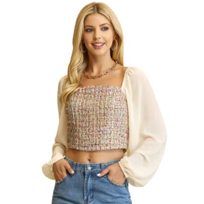Truedames Tweed Bodice And Chiffon Square Top With Back Zipper In Neutral