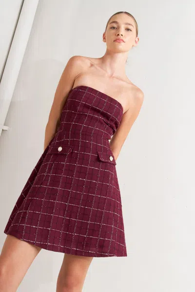 Truedames Tweed Doll Wine Woven Mini Dress In Burgundy