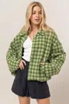 Truedames Tweed Plaid Button Up Collared Neck Jacket In Green