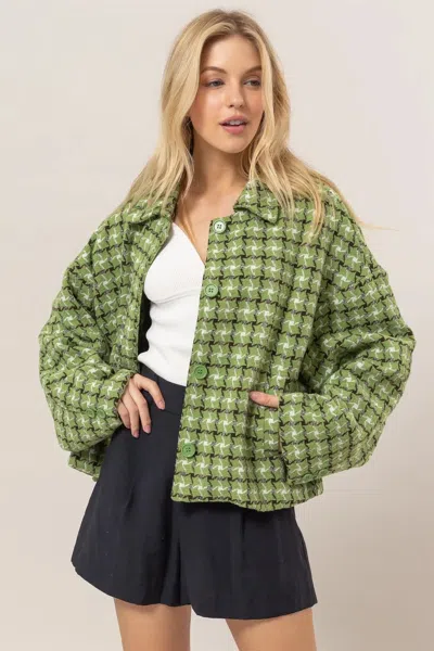 Truedames Tweed Plaid Button Up Collared Neck Jacket In Green