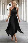 Truedames Twist Front Pleated One Shoulder Long Dress In Black