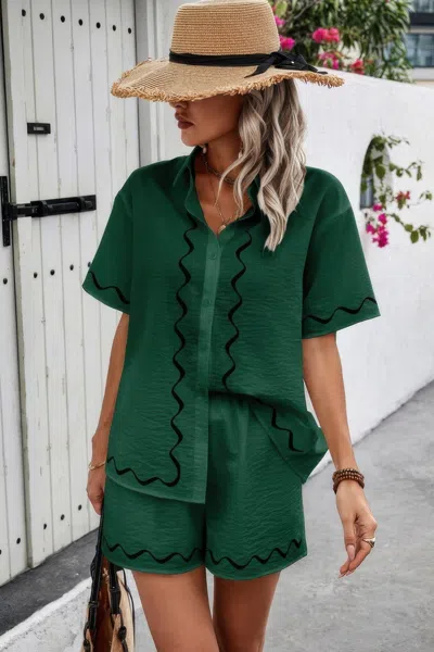 Truedames Two Piece Button Down Short Sleeve Outfits Sets In Green