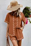 Truedames Two Piece Button Down Short Sleeve Outfits Sets In Brown
