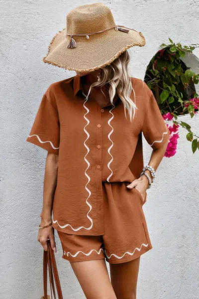 Truedames Two Piece Button Down Short Sleeve Outfits Sets In Brown