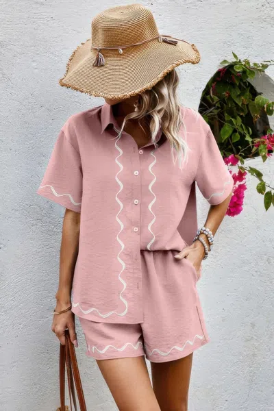 Truedames Two Piece Button Down Short Sleeve Outfits Sets In Pink