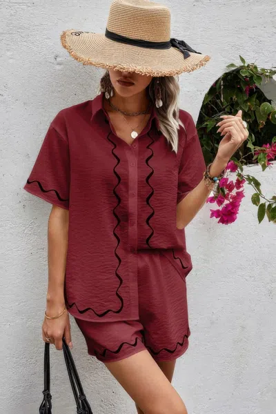 Truedames Two Piece Button Down Short Sleeve Outfits Sets In Red