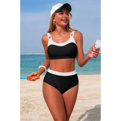 Truedames Two Piece Colorblock Sleeveless Back Knot Bikini In Black