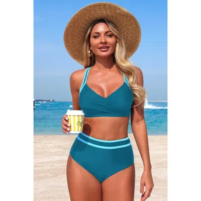Truedames Two Piece High Waisted Cross Contrasting Bikini In Blue
