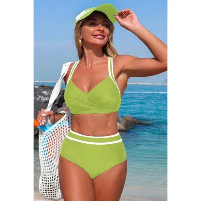 Truedames Two Piece High Waisted Cross Contrasting Bikini In Green
