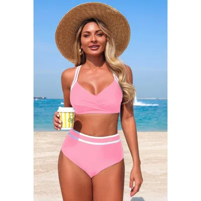 Truedames Two Piece High Waisted Cross Contrasting Bikini In Pink