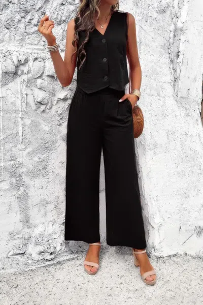 Truedames Two Piece Sleeveless Button V Neck Solid Sets In Black