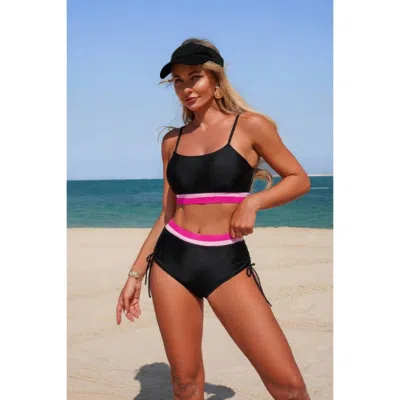 Truedames Two Piece Solid Contrast Tie Up Stretch Bikini In Black
