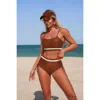 Truedames Two Piece Solid Contrast Tie Up Stretch Bikini In Brown