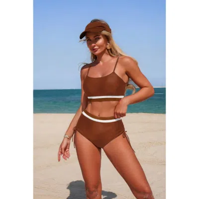 Truedames Two Piece Solid Contrast Tie Up Stretch Bikini In Brown
