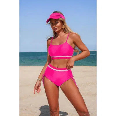 Truedames Two Piece Solid Contrast Tie Up Stretch Bikini In Pink