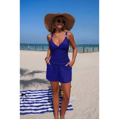 Truedames Two Piece Solid Ruched V Neck Pockets Bikini In Blue