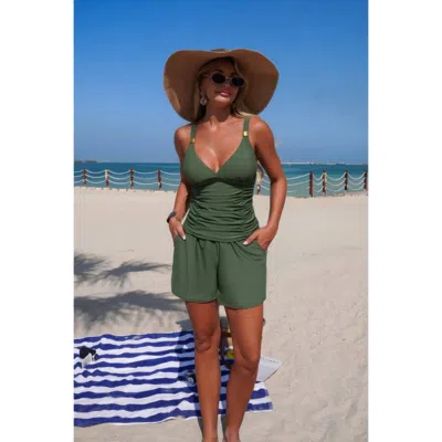 Truedames Two Piece Solid Ruched V Neck Pockets Bikini In Green