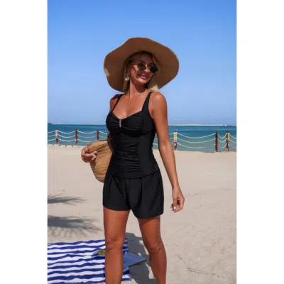 Truedames Two Piece Solid Sling Pleated Pocket Stretch Swimsuit In Black