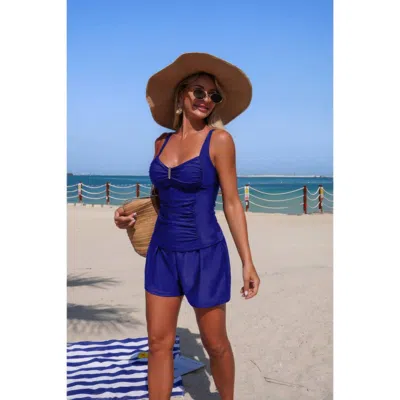 Truedames Two Piece Solid Sling Pleated Pocket Stretch Swimsuit In Blue